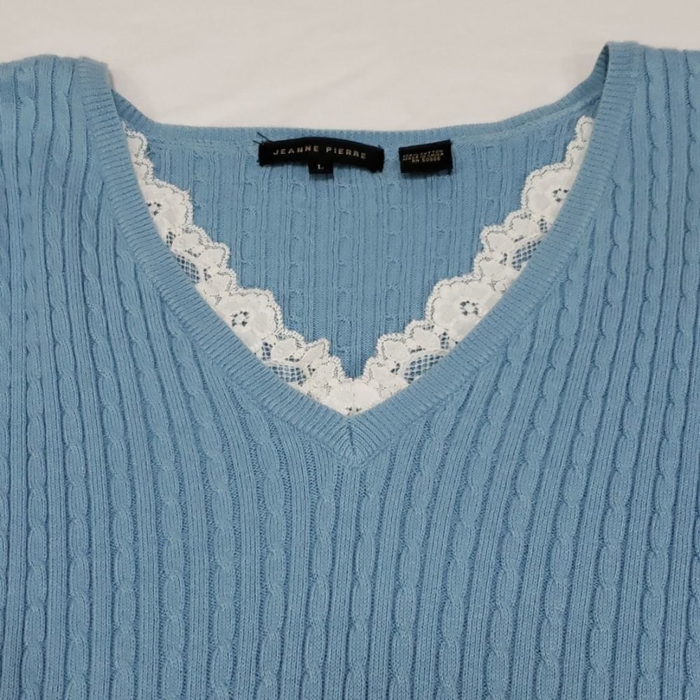 Jeanne Pierre blue sweater with lace detail